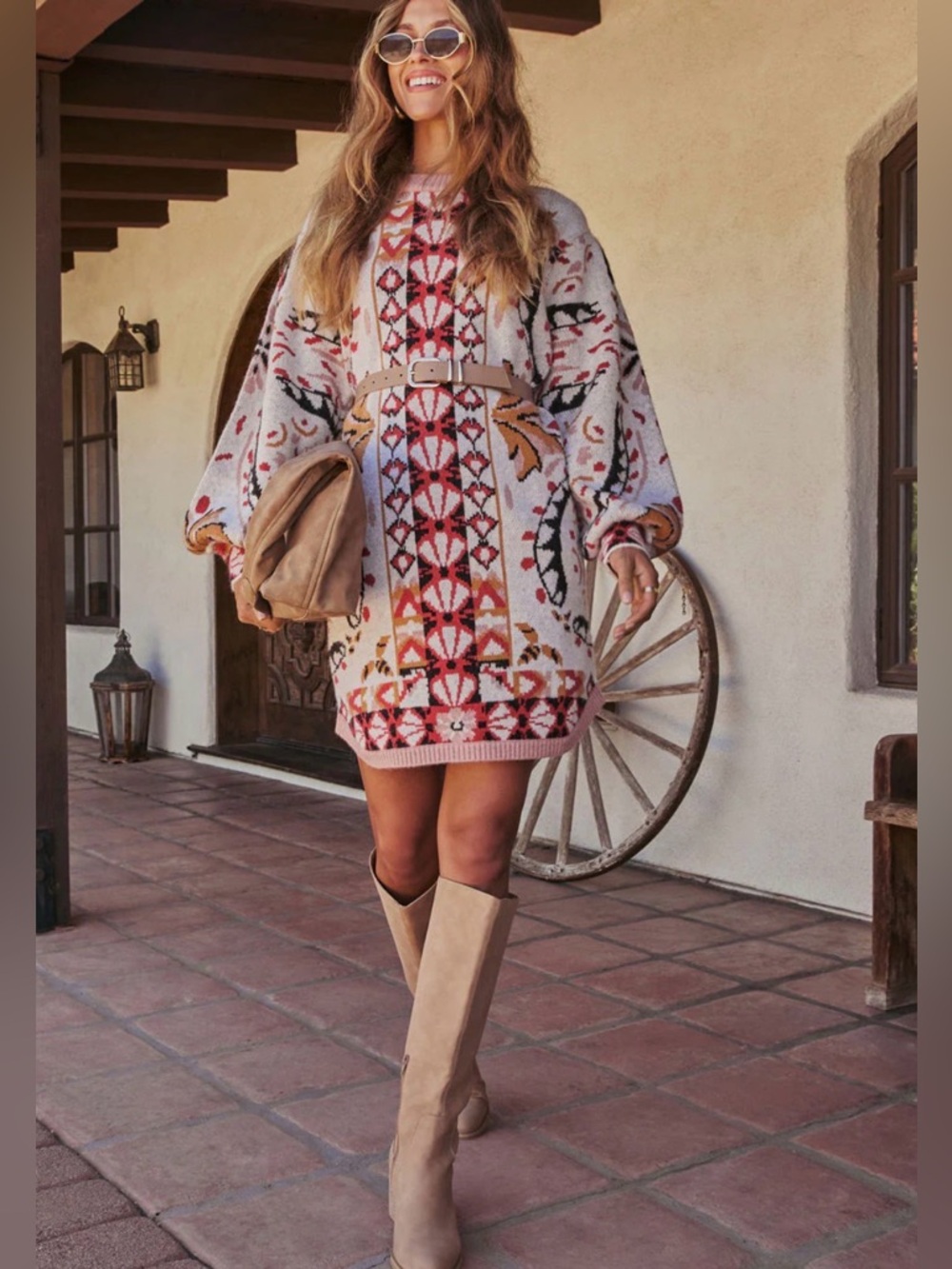 NWT Vici Cream & Red Patterned Knit Sweater Dress